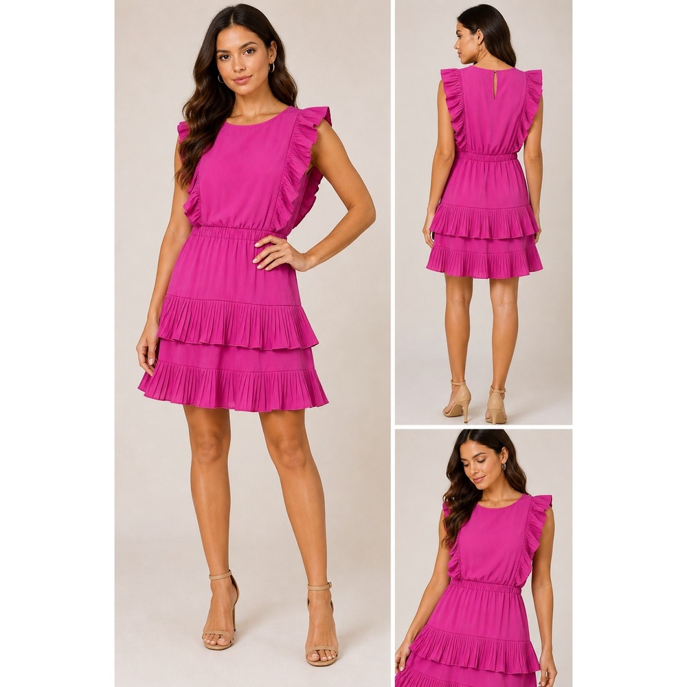 TCEC Magenta Pink Pleated Ruffle Tiered Mini Dress Sleeveless Small